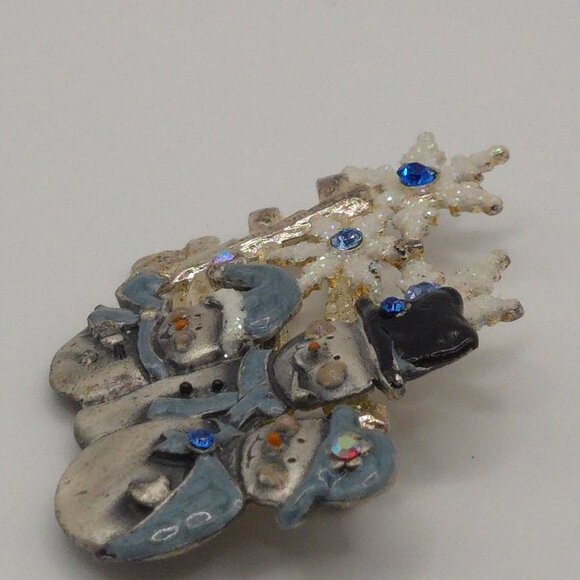 KC Brooch Silver Tone Blue Rhinestone Snowman Snowflake Winter Holiday Christmas - Picture 10 of 12